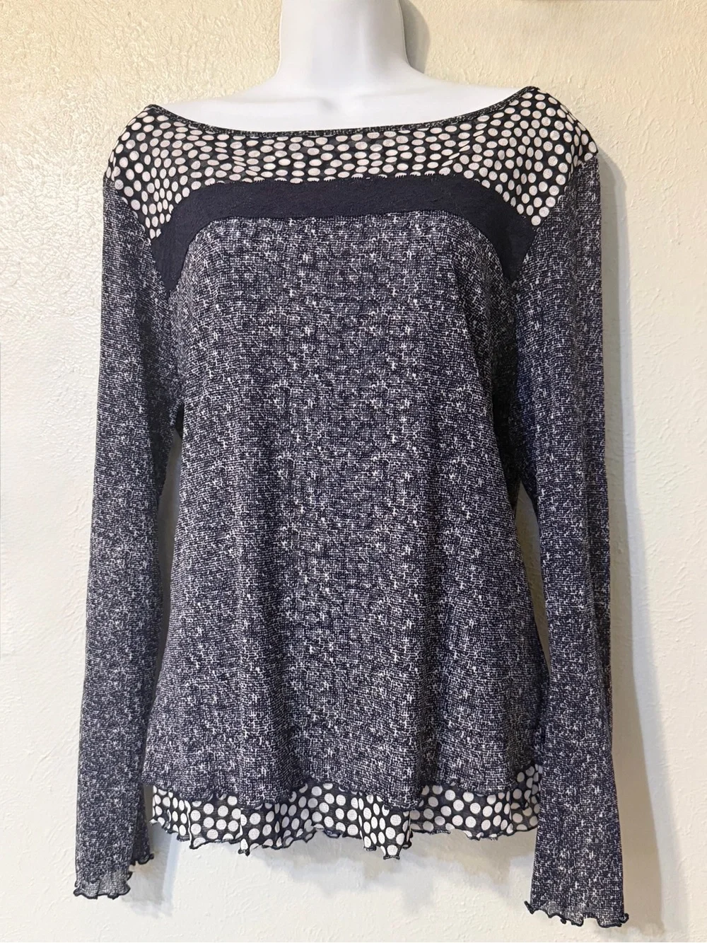 Vintage Russell Kemp Navy Blue Polka Dot Layered Mesh Lettuce Edge Trim Top XL